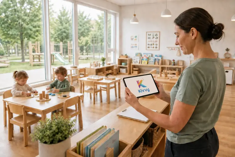 Educadora consulta en la tablet la agenda y las autorizaciones de su aula.